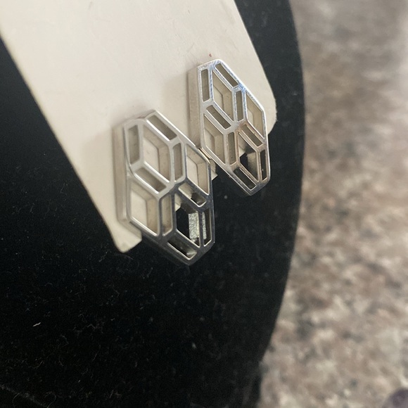 “Rebel” Geometric Silver illusion Boho Stud Earrings - Picture 3 of 5